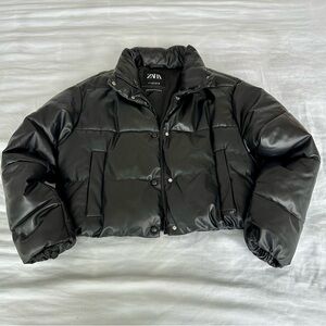 ZARA CROPPED FAUX LEATHER PUFFER BLACK Bomber Jacket